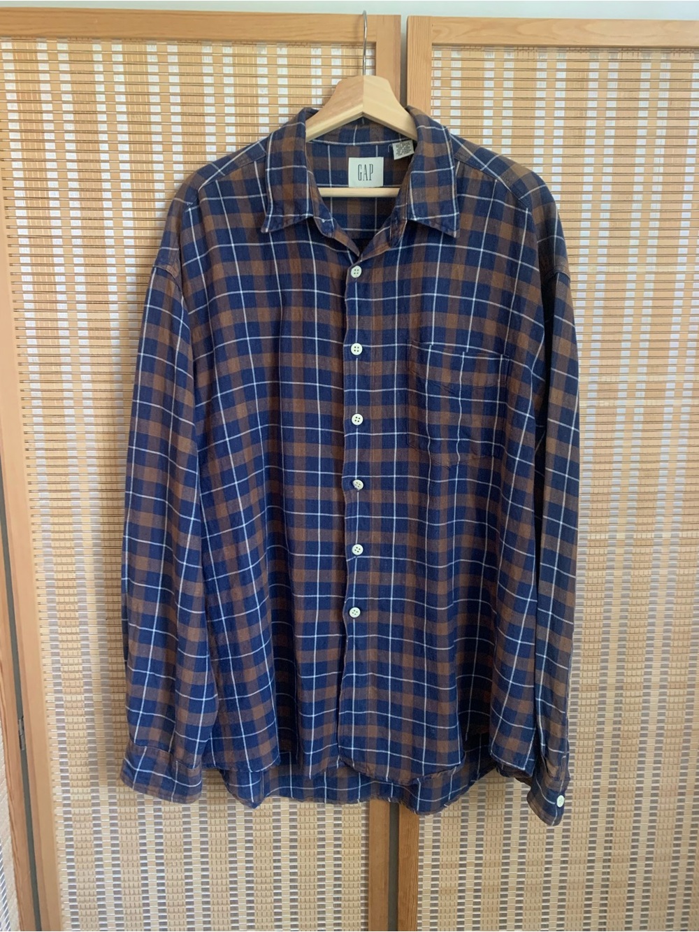 Vintage GAP Men's Navy and Brown Plaid Long-Sleeve Button-Down Shirt